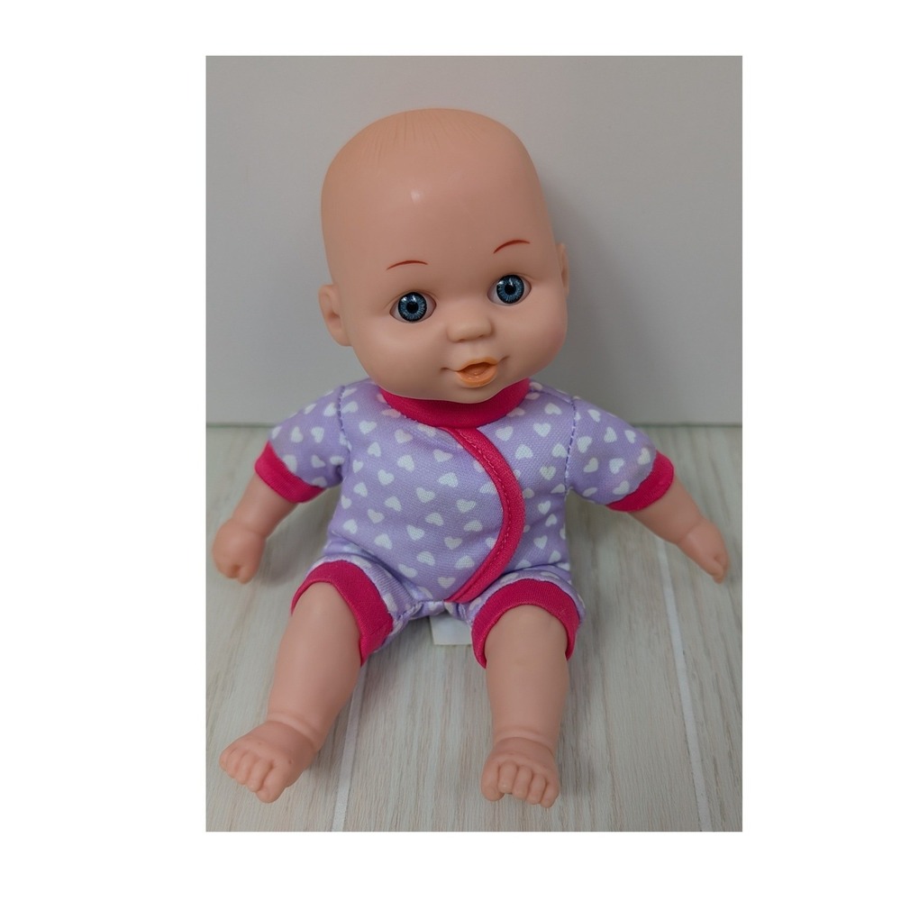 Walmart Small Baby Doll 8" Purple Heart Print Pink Trim Romper Blue Eyes